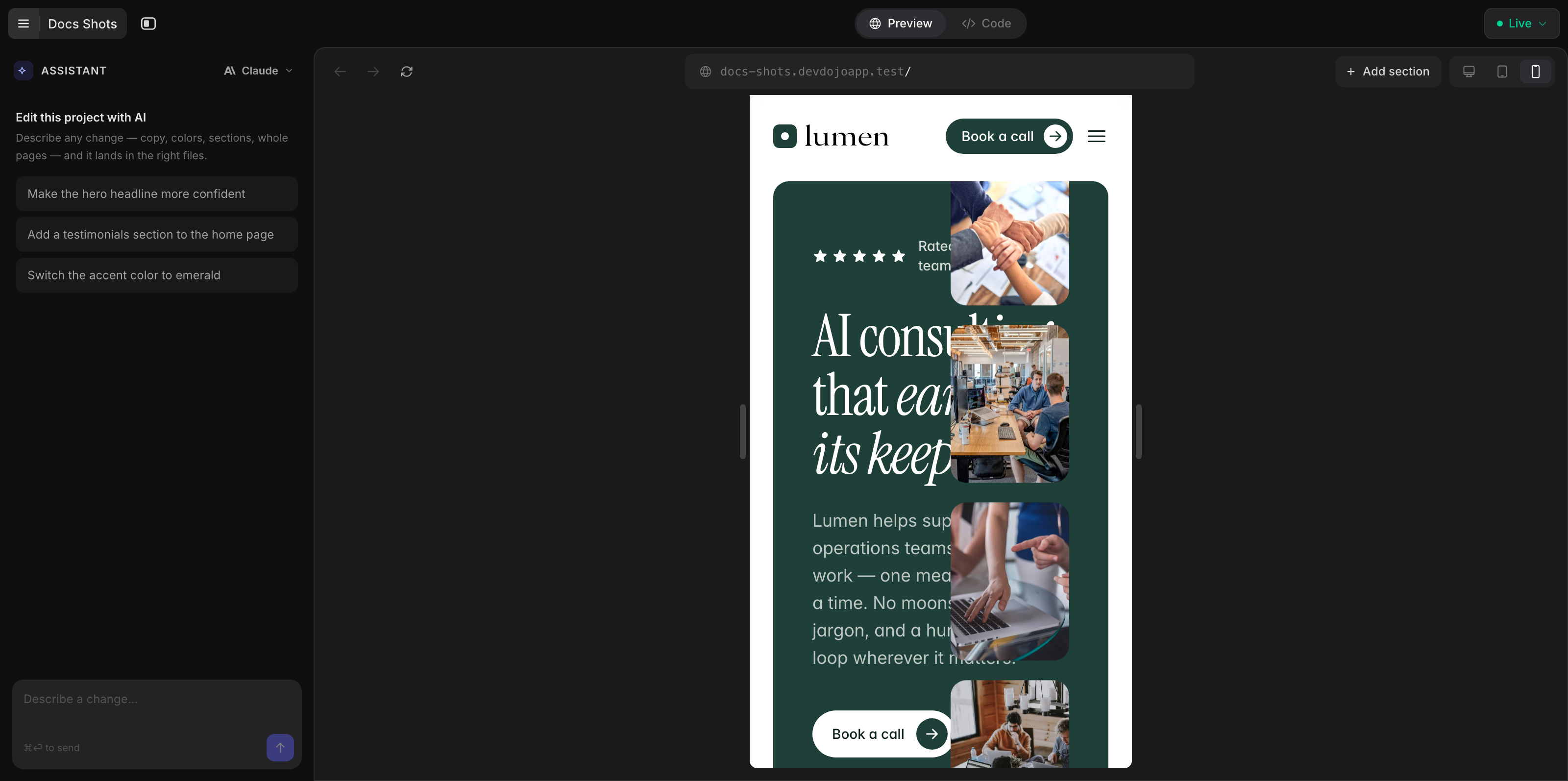 Mobile-width preview with the resize handles
