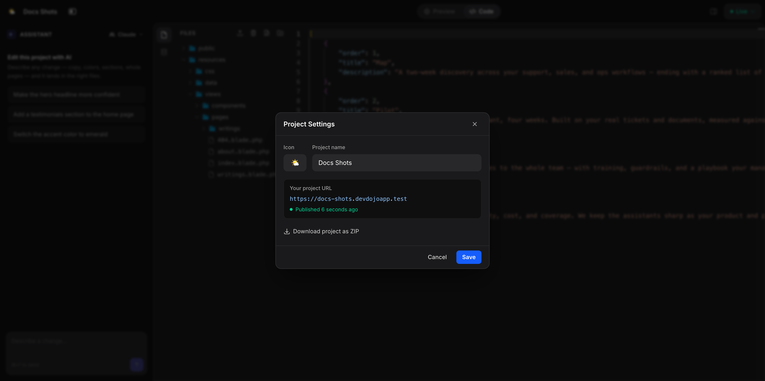 The site settings panel with publish state and URL