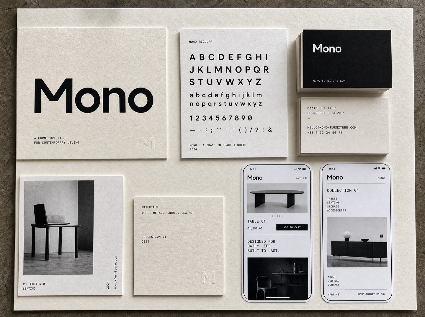 The Mono brand system — wordmark, type specimens, and app screens on a cream board